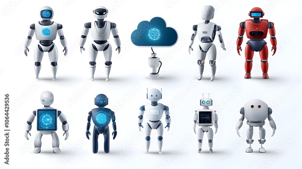 Poster Futuristic collection of intelligence icons featuring smart robots machine learning symbols and cloud computing graphics on a minimalist white background