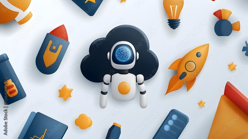 Poster and Machine Learning Symbols with Cloud Computing on a White Background  Digital Intelligence and Automation Concepts