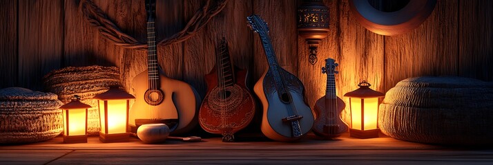 Soft glowing lanterns illuminating a set of traditional music instruments in a cozy nook