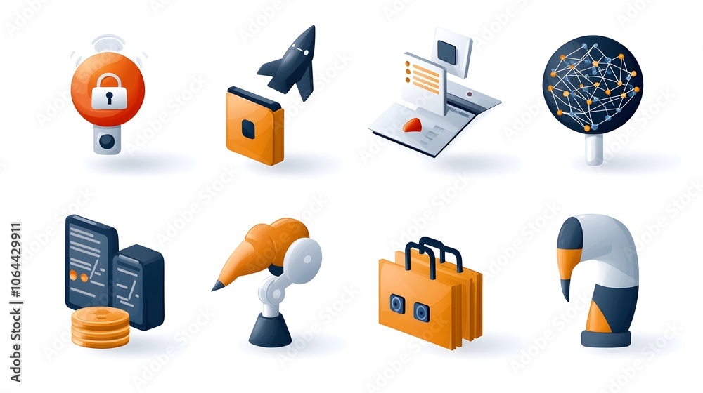 Poster Technology Icons including Neural Networks Big Data Symbols and Automation Tools Illustrated on a Clean White Background  Digital Transformation Machine Learning and Intelligence Concept