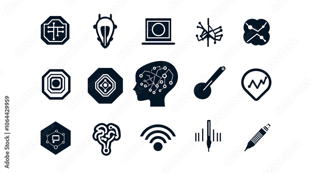 Aufkleber Minimalist featuring a collection of icons with robotic head digital intelligence and algorithm symbols displayed on a clean white background