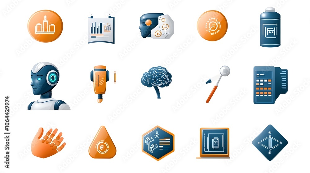 Poster collection of icons with robotic head digital intelligence and algorithm symbols on a white background for modern technology and innovation concepts