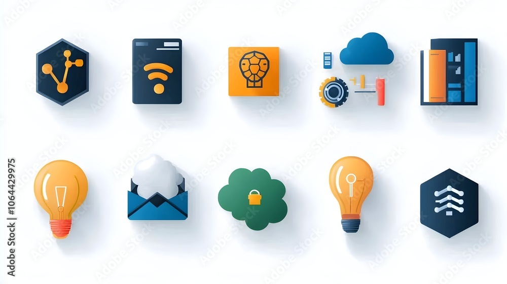 Poster Icon Set Featuring Cognitive Technology Data Flow and Intelligent Machines on a White Background  Abstract Digital Futuristic Design with Modern Intelligence Concepts
