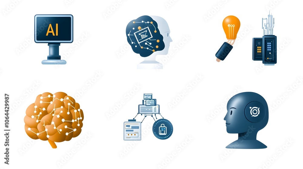 Poster Detailed icon set featuring cognitive technology data flow intelligent machines and digital elements on a clean white background  This set showcases the future of intelligence digital transformation