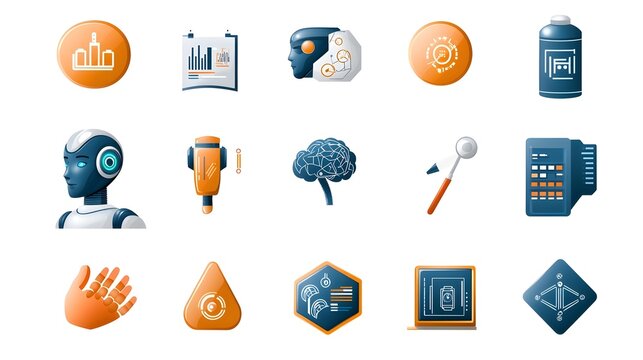 collection of icons with robotic head digital intelligence and algorithm symbols on a white background for modern technology and innovation concepts