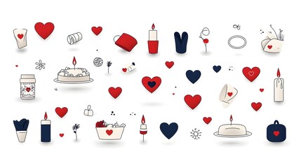 Romantic icons and symbols representing candlelit dinners engagement rings and love hearts against a clean white background signifying affection in relationships