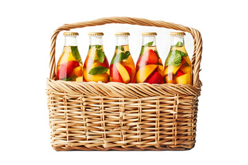woven picnic basket holding bottles of iced tea, infused with colorful fruit pieces like peaches, strawberries, and mint leaves with transparent background, PNG File