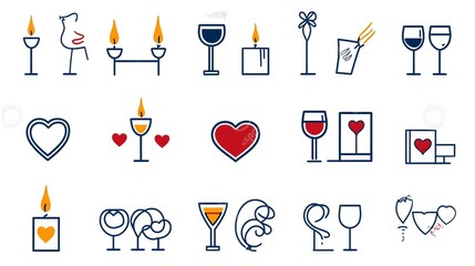 Minimalist icons depicting the elements of a romantic date night such as hearts candles and wine glasses arranged on a clean white background