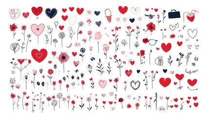 A set of romantic icons featuring stylized hearts flowers and other symbols of affection on a clean white background  This celebrates the sentiment of love passion and intimate connection