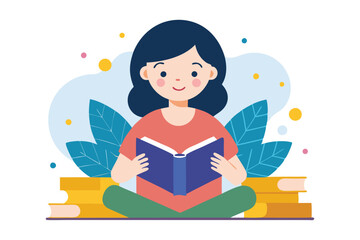 child reading a book vector art illustration