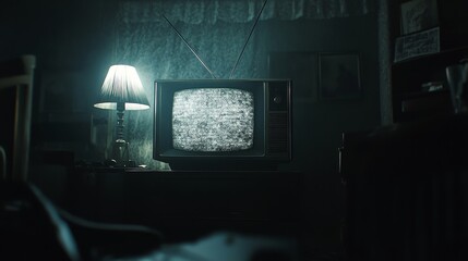 Vintage Television Set with Antennas Emitting Static in Dark Room