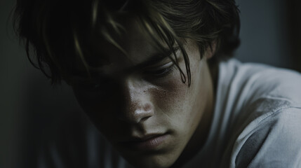 teen with sad expression looking away in dimly lit room