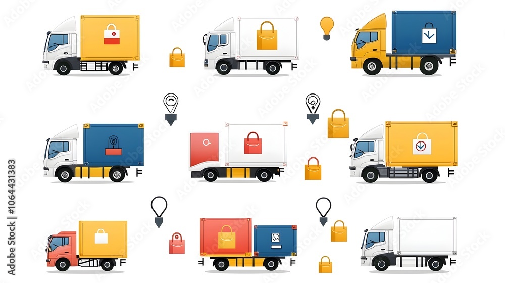 Poster delivery truck icon set featuring packages tracking symbols and express shipping on a white backgrou