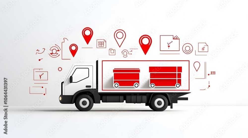 Poster delivery truck icons with cargo boxes and location pins symbols representing fast delivery cargo shi