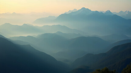 Fototapeta premium vast mountain landscape at dawn, with rolling mist over the valleys