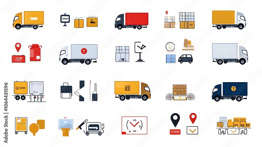 Poster Collection of icons representing various elements of delivery and shipping services including trucks parcels and tracking symbols all set against a clean white background for versatile use