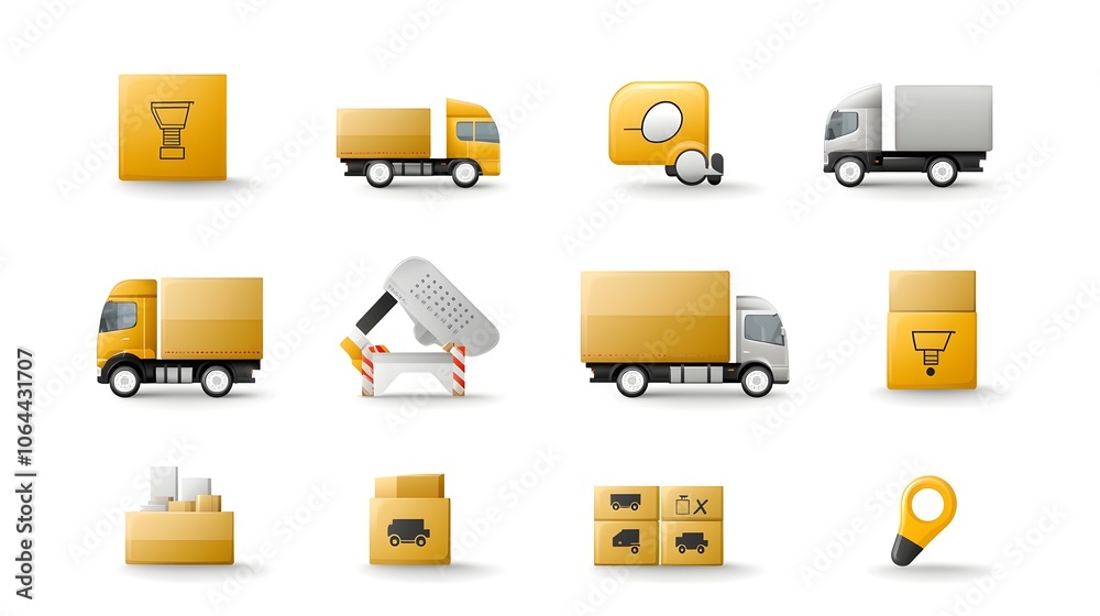 Poster Collection of icons representing various aspects of a delivery service including trucks packages boxes and fast delivery symbols  This is suitable for use in logistics transportation