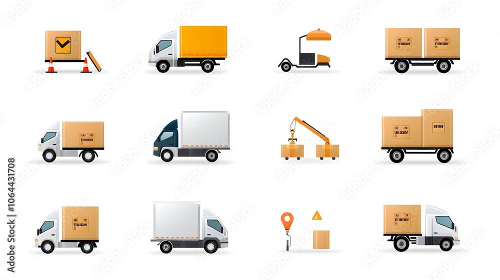 Poster Set of icons depicting an efficient delivery service with trucks boxes and various symbols for logistics shipping transportation and distribution  Ideal for web design mobile apps infographics