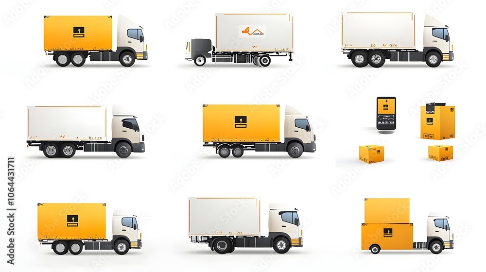 Poster comprehensive set of delivery truck and shipping icons featuring cargo boxes tracking systems and ex
