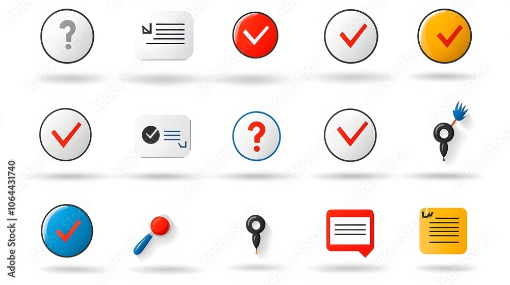 Leinwandbilder This depicts a collection of survey icons including checkmarks question marks and various feedback form symbols  The icons are presented on a clean minimalist white background