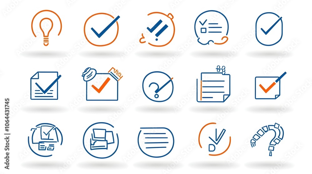 Aufkleber Collection of Survey Icons Including Checkmarks Question Marks and Feedback Forms on a Clean White Background  Minimalist Flat for Business Data Control and Evaluation Concepts