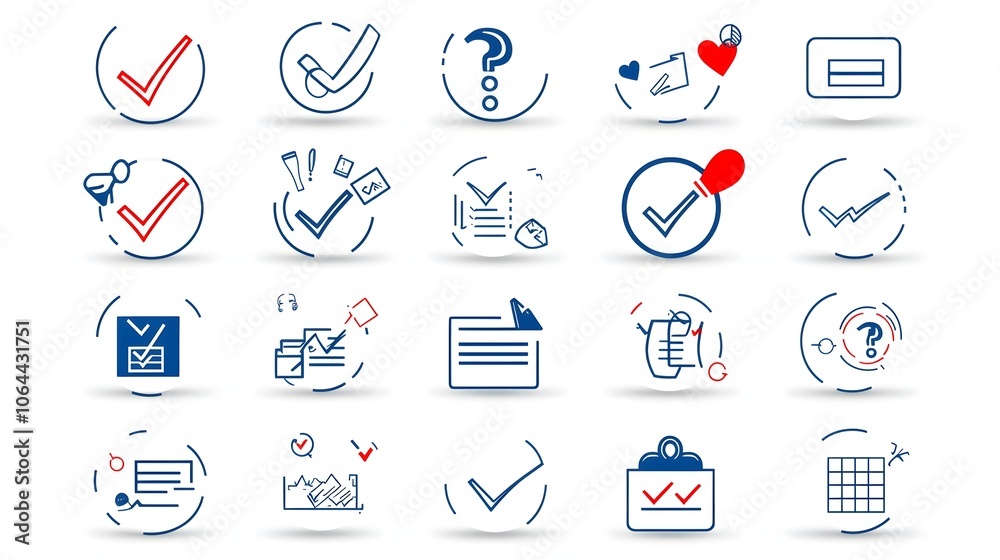 Leinwandbilder A collection of various survey icons including checkmarks question marks and feedback forms arranged on a clean white background  This represents concepts related to data collection market research