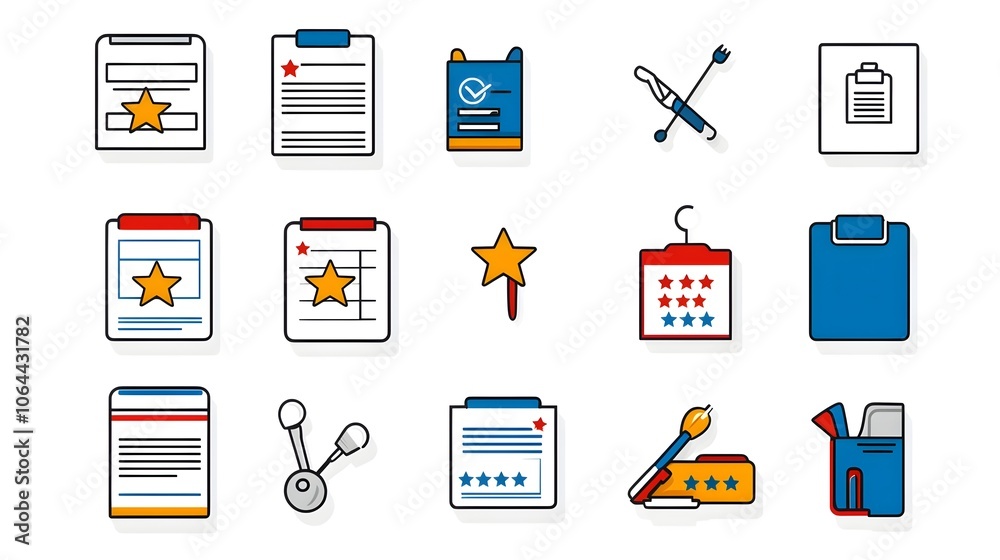 Poster of various icons related to survey feedback and data analysis  Includes symbols such as questionnaires rating stars and clipboards against a clean white background
