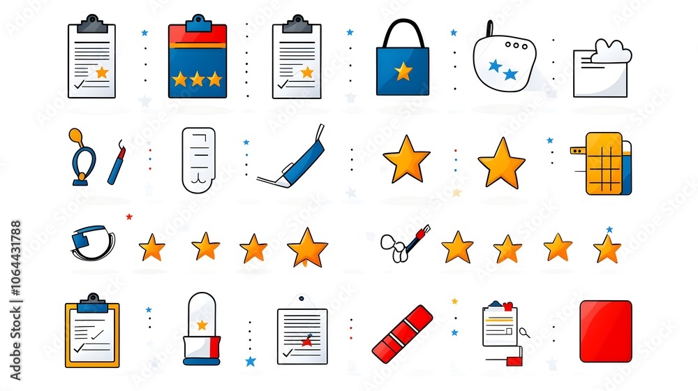 Poster Comprehensive set of icons representing various survey and feedback elements such as questionnaires rating stars and clipboards on a clean white background designed for business analytics