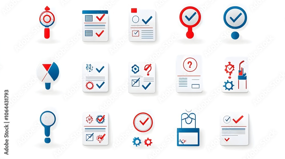 Poster Comprehensive icon set featuring a variety of survey and feedback related symbols including checkboxes form elements and question marks on a clean white background