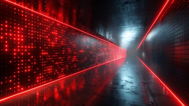 A futuristic corridor illuminated by vibrant red lights creates an atmosphere of intrigue and chaos within a sleek, dark 3D-rendered environment
