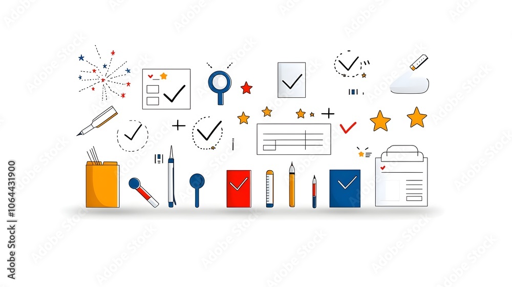 Aufkleber Depicting an Array of Survey Tools and Icons Such as Checkmarks Stars and Response Forms Against a Clean White Background Suitable for Data Analysis Feedback Evaluation and Reporting Purposes