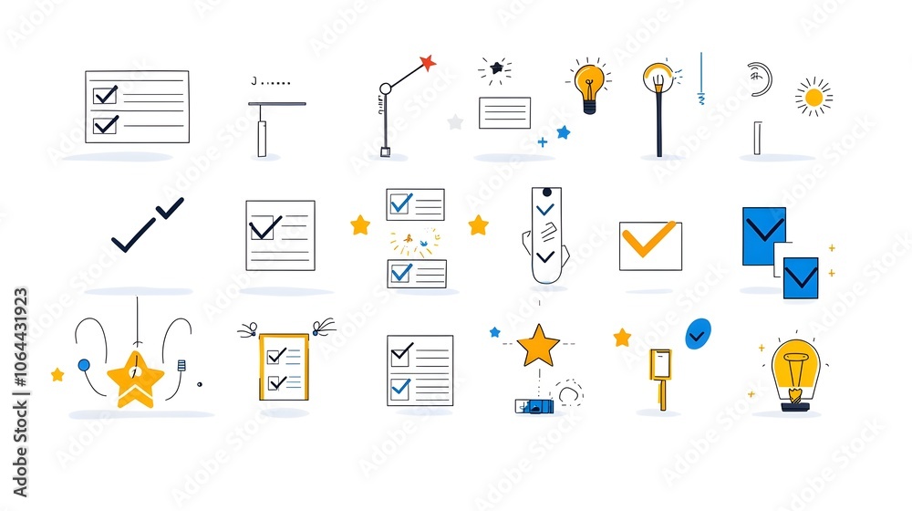 Poster Comprehensive featuring a collection of survey and research tools including checkmarks stars and response form icons all set against a clean white background for a modern minimalist design