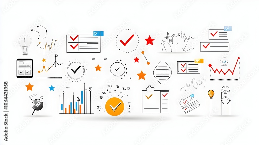 Fototapete detailed depicting a variety of survey tools and icons including checkmarks stars and response forms