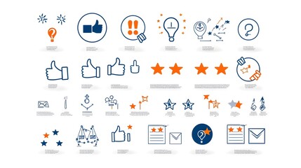 Fototapeta premium set featuring a collection of icons and graphics for survey responses including thumbs up symbols question mark bubbles and star rating systems on a clean white background Suitable for data analysis