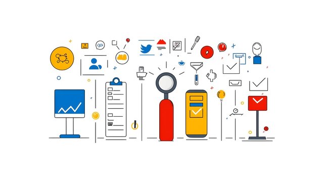 Icons and symbols representing survey and opinion gathering tools including checklists feedback mechanisms and rating systems  These design elements can be used in digital applications infographics