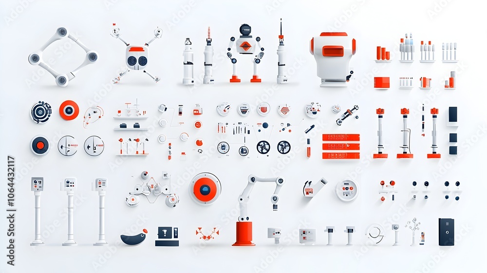 Poster Collection of robotic process automation icons including robot arms workflow automation symbols and technology symbols on a clean white background