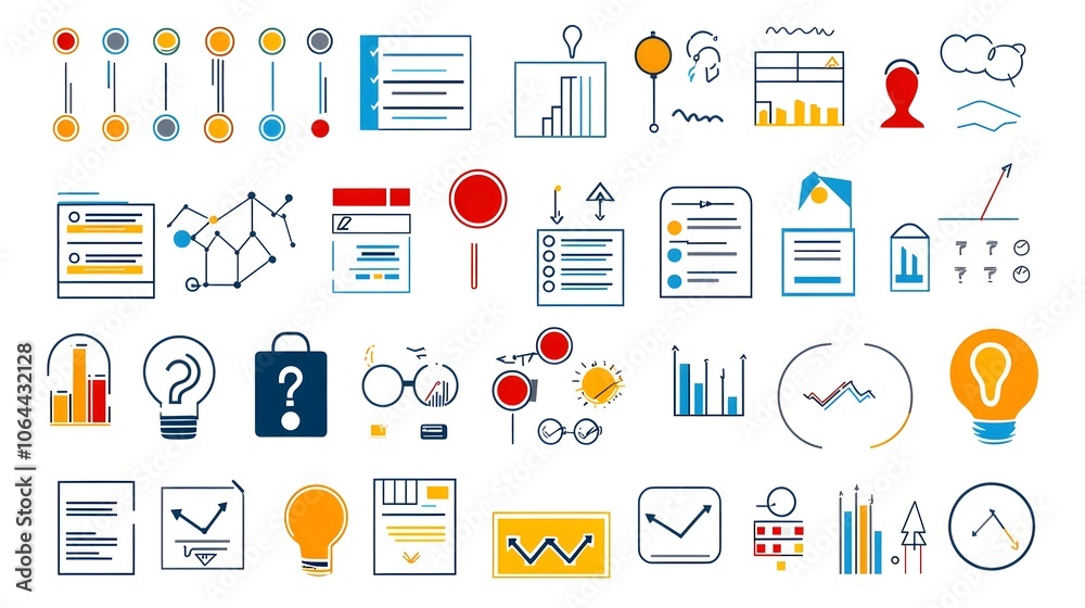Poster Comprehensive collection of various survey and poll icons including question forms ratings and data symbols all presented on a clean white background