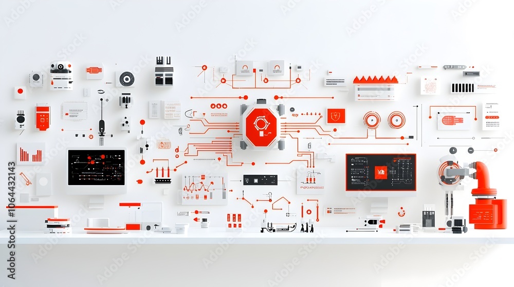 Aufkleber Comprehensive set of robotic automation icons illustrating digital workflow diagrams AI technology and futuristic machinery against a clean white background