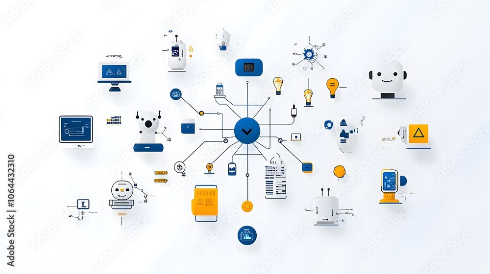 Aufkleber Collection of robotic automation icons depicting digital workflows AI processing and automation bots against a clean white background  Futuristic showcasing technology innovation