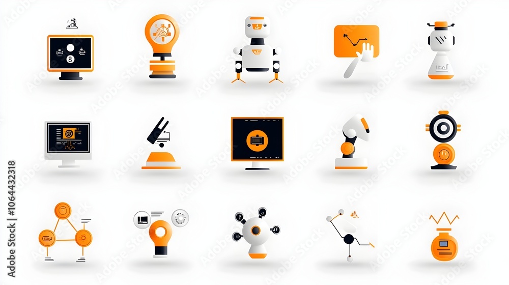 Poster Robotic Automation Icons for Digital Workflows and Processing featuring a collection of symbols and graphics representing various aspects of automated technological systems including AI