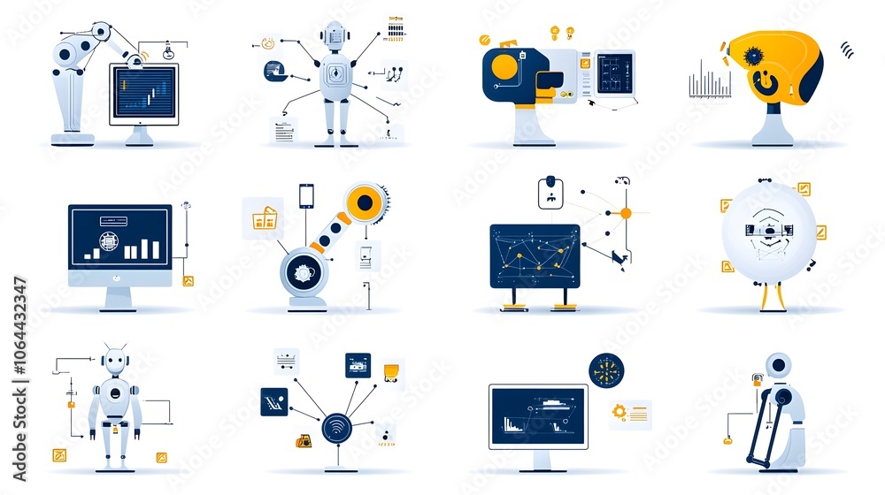 Aufkleber Collection of icons showcasing robotic automation technology featuring digital workflows AI processing capabilities and automation bots in a on a white background