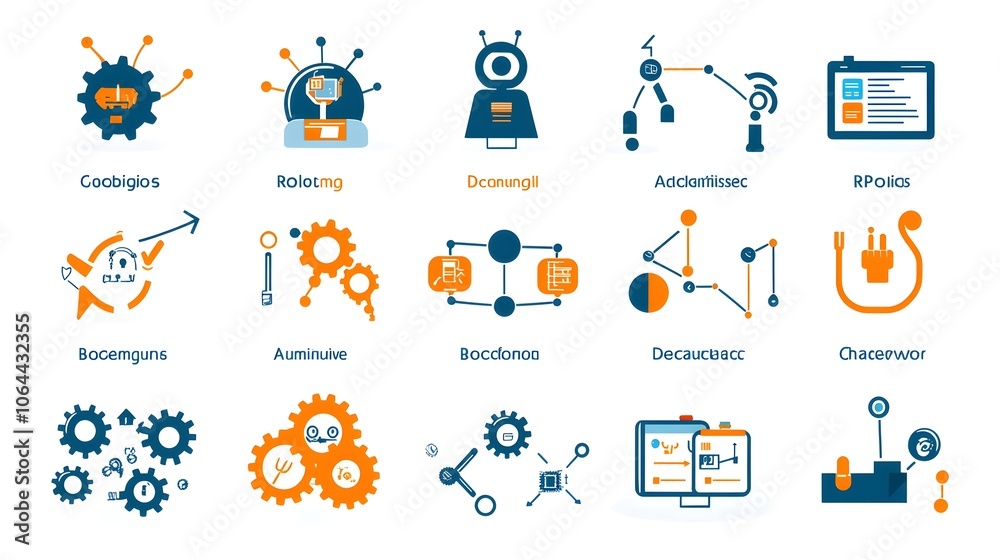 Aufkleber Set of icons representing various elements of Robotic Process Automation RPA including gears flowcharts and other symbols on a white background  Concept of business technology
