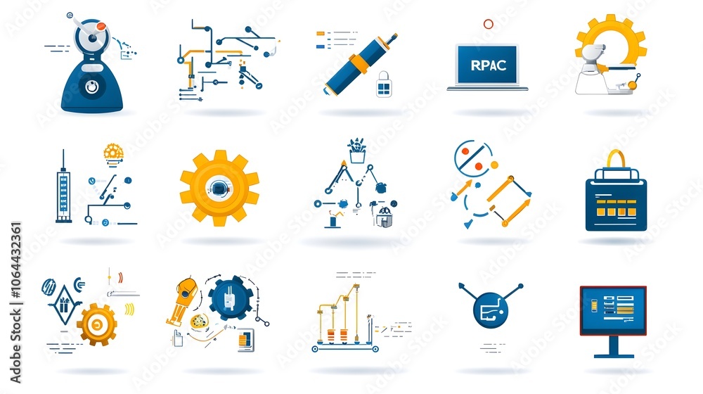 Aufkleber Set of icons depicting various elements of robotic process automation RPA such as gears flowcharts and automation processes on a white background