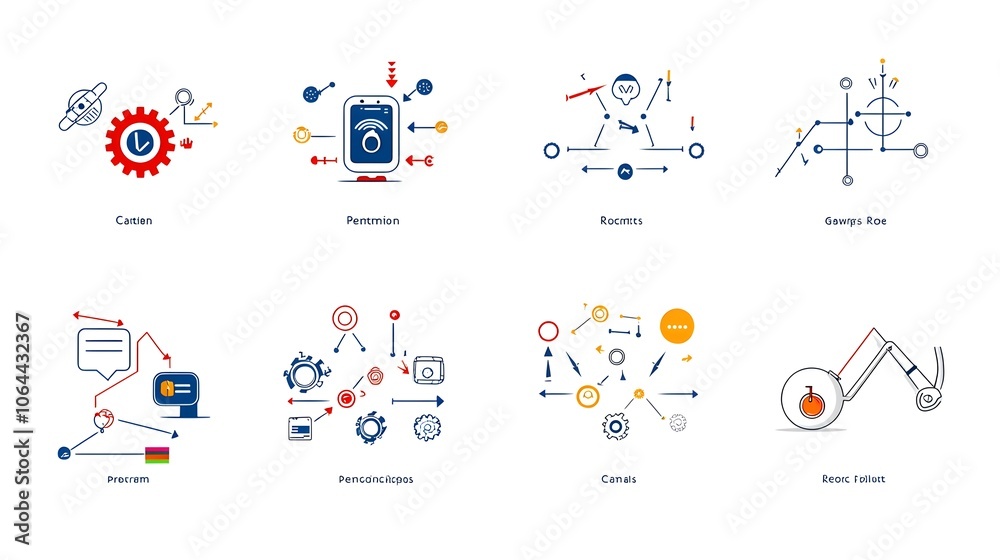 Leinwandbilder Comprehensive set of icons representing Robotic Process Automation RPA including gears cogs flowcharts and other graphical elements on a clean minimalist white background