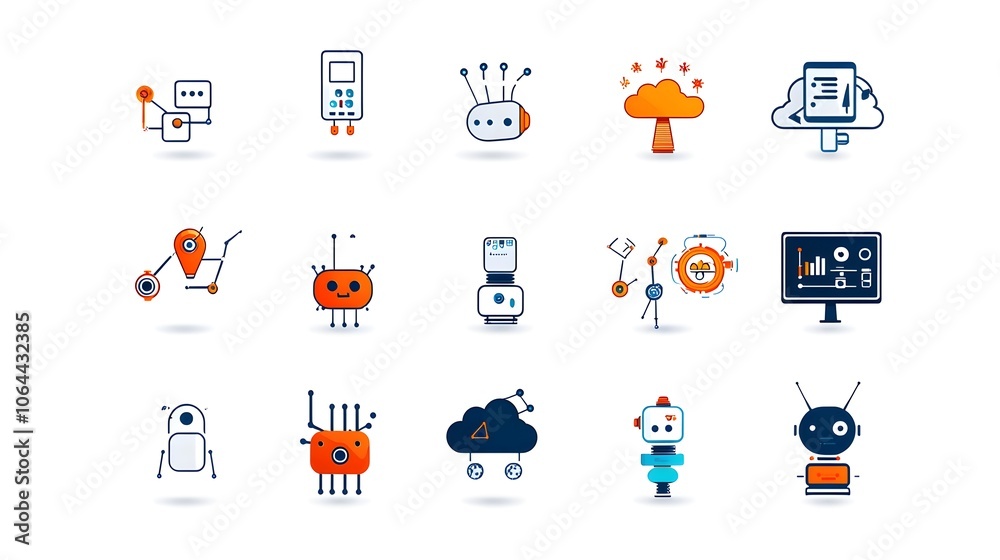 Fototapete Automation RPA Robotic Process Automation Icons with Symbols of Bots Cloud Computing and Data Analysis on a White Background  Conceptual for Workflow Optimization Digital Transformation
