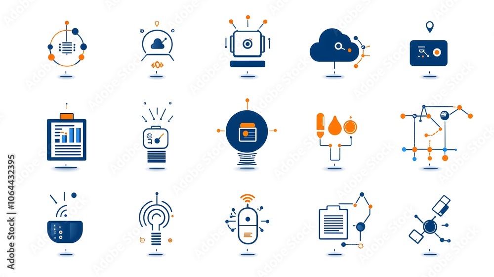 Fototapete Comprehensive set of icons representing the key elements of Robotic Process Automation RPA including symbols for bots cloud technology data analysis and automation processes