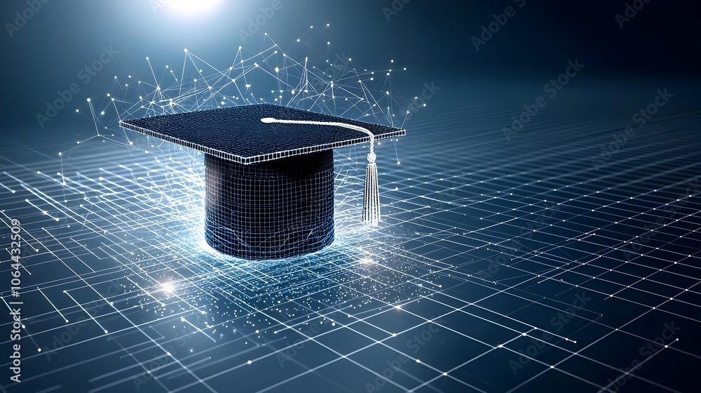 Aufkleber Digital art rendering of a luminescent graduation cap formed by interconnected dots and lines symbolizing the power of knowledge and education floating over a gridded dark blue background