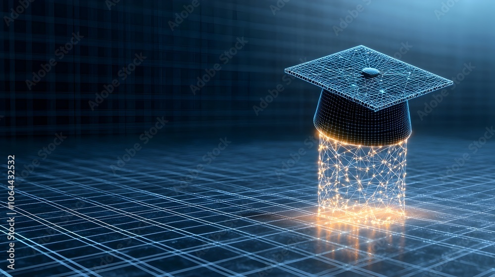 Poster Digitally Rendered Glowing Graduation Cap Formed by Connected Dots and Lines Floating Above a Grid Symbolizing the Power of Knowledge and Education on a Dark Blue Background