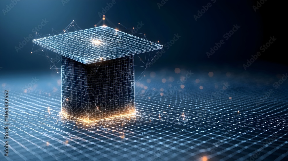 Poster Digitally created image of a luminous graduation cap composed of interconnected dots and lines hovering over a geometric grid on a dark blue backdrop symbolizing the power of knowledge education