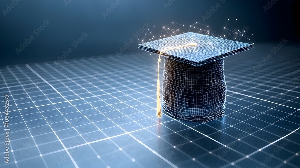 Aufkleber Digital art depicting a glowing graduation cap formed by interconnected dots and lines floating gracefully over a grid like background